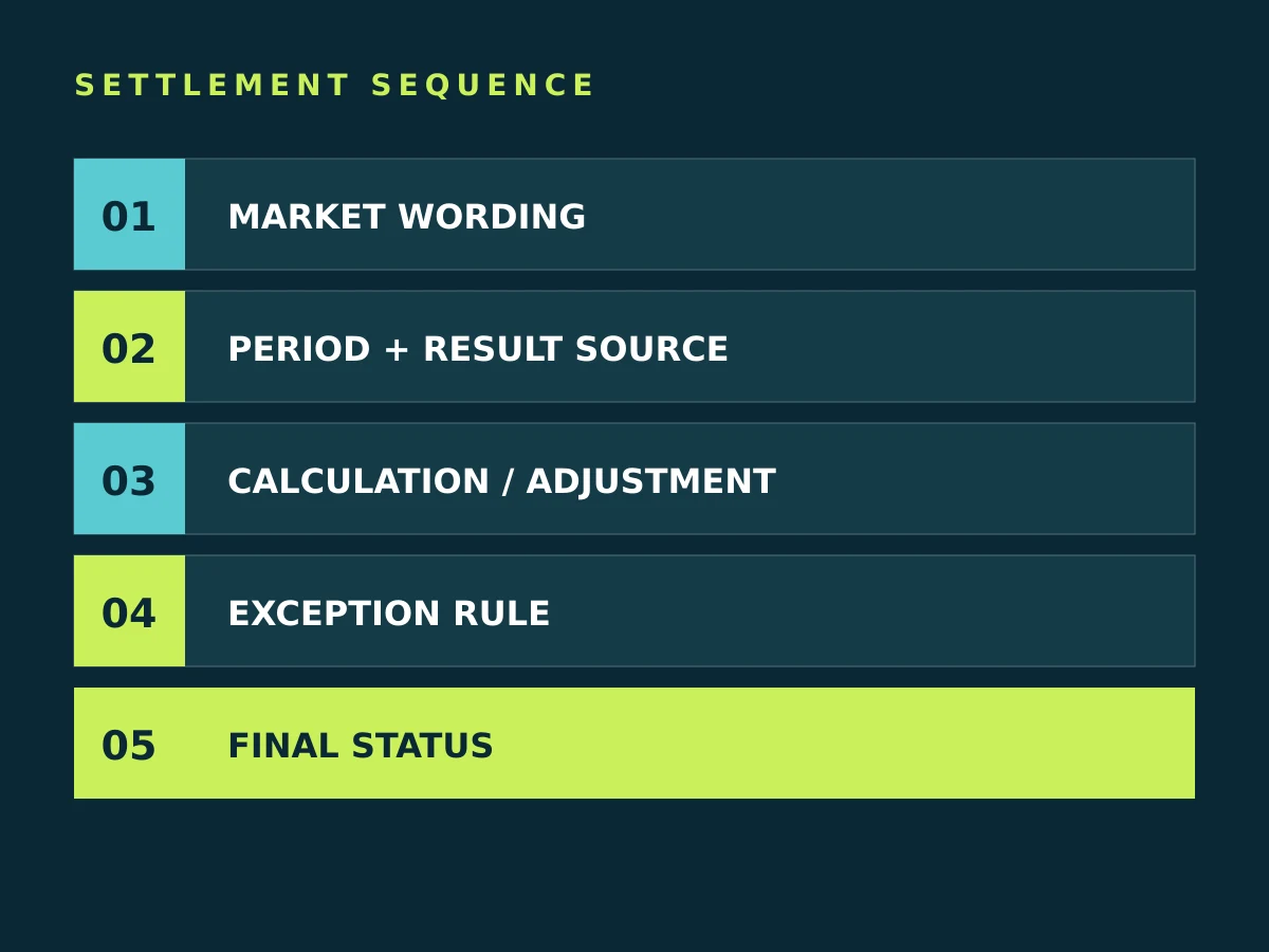 A five-step technical sequence from market wording to final settlement status